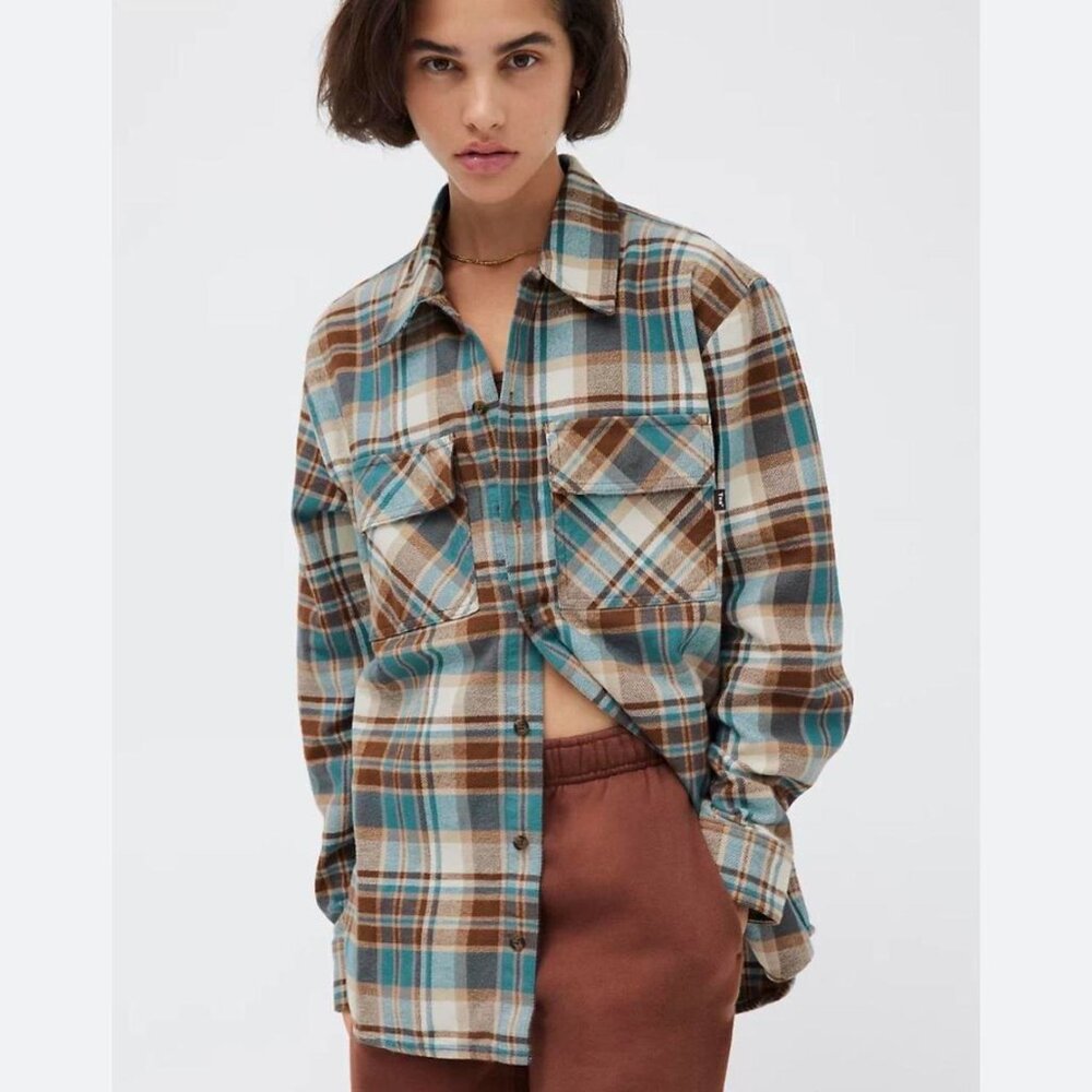 Aritzia TNA Oversized Cotton Plaid Shirt - 2021 - Jorie WHS (Brown/Blue/White)